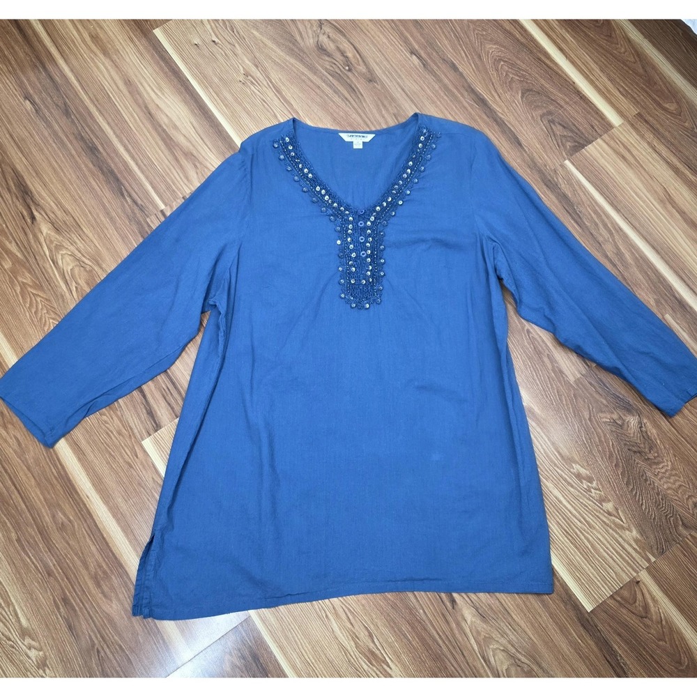 Tantrums Tunic Shirt Womens Plus Size 1X Blue Beaded Embroidered Boho Cotton Top